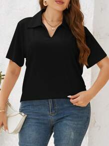 SHEIN Essnce Plus Solid Collar Neck Tee - Black - View 3