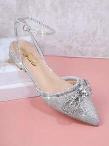 SHUZIA Glitter Bow Decor Point Toe Ankle Strap Flats - Silver - View 2