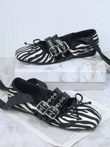 Zebra Striped Print Lace Up Flats - Black and White - View 2