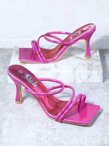 方頭條帶一腳蹬高跟涼鞋 - 中紫紅色 - 查看 2