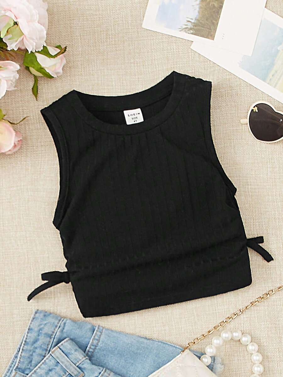 SHEIN Áo ba lỗ & áo hai dây cho bé gái mới biết đi Thắt nút Xù Gân đan màu trơn Giải trí - màu đen - Xem 1