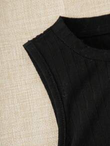 SHEIN Áo ba lỗ & áo hai dây cho bé gái mới biết đi Thắt nút Xù Gân đan màu trơn Giải trí - màu đen - Xem 3