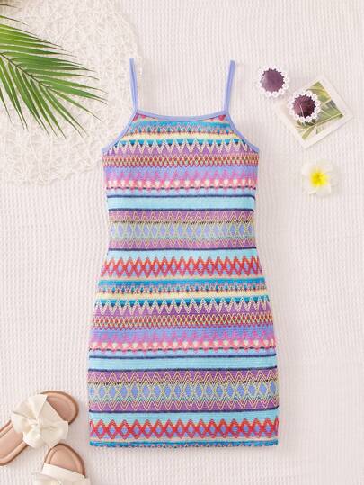 SHEIN 女孩幾何圖案吊帶連衣裙