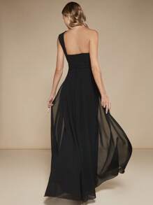 SHEIN Belle One Shoulder Ruched Split Thigh Chiffon Dress - Black - View 2