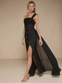 SHEIN Belle One Shoulder Ruched Split Thigh Chiffon Dress - Black - View 3