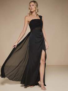 SHEIN Belle One Shoulder Ruched Split Thigh Chiffon Dress - Black - View 5
