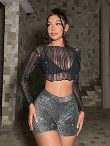 SHEIN SXY 高腰金屬亮絲騎行褲