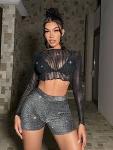 SHEIN SXY 高腰金屬亮絲騎行褲