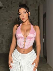 SHEIN SXY Top halter con corchete delantero - Rosa Pálido - Ver 1