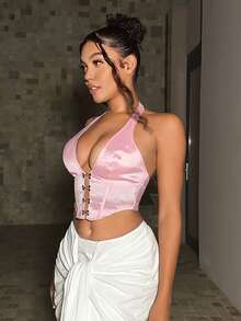 SHEIN SXY Top halter con corchete delantero - Rosa Pálido - Ver 4