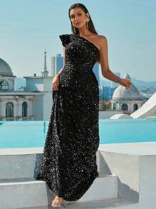 Missord One Shoulder Ruffle Trim Sequin Formal Dress - Black - View 1