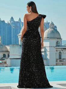 Missord One Shoulder Ruffle Trim Sequin Formal Dress - Black - View 2