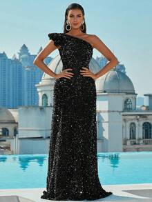 Missord One Shoulder Ruffle Trim Sequin Formal Dress - Black - View 3