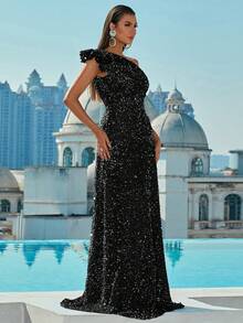 Missord One Shoulder Ruffle Trim Sequin Formal Dress - Black - View 4