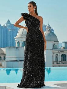 Missord One Shoulder Ruffle Trim Sequin Formal Dress - Black - View 8