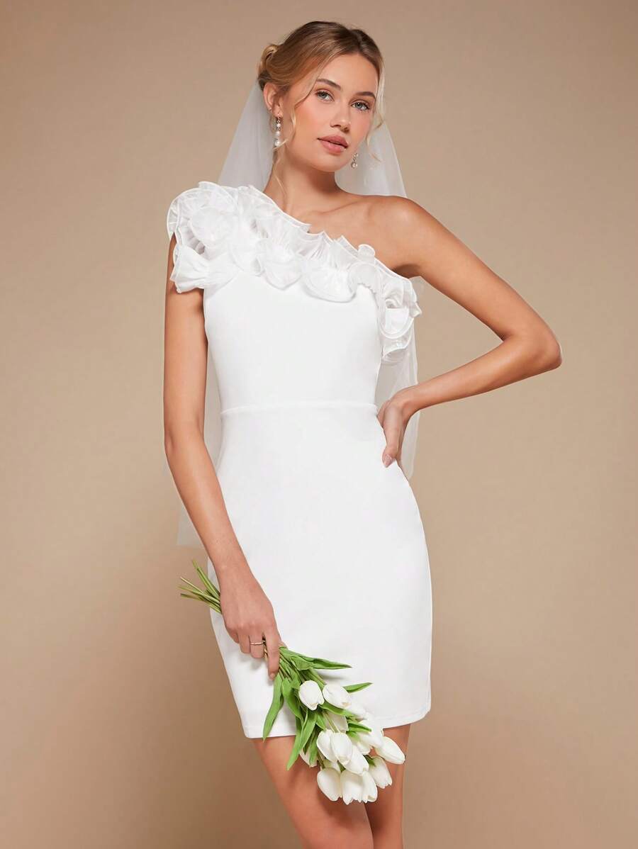 SHEIN Belle One Shoulder Ruffle Trim Bodycon Dress - White - View 1