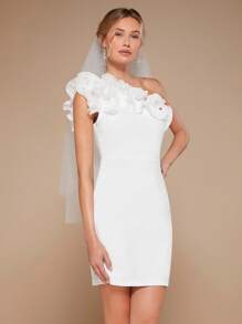 SHEIN Belle One Shoulder Ruffle Trim Bodycon Dress - White - View 3