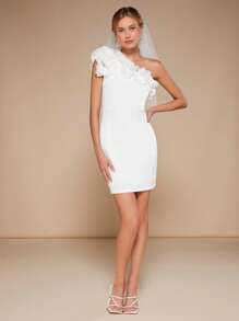 SHEIN Belle One Shoulder Ruffle Trim Bodycon Dress - White - View 5