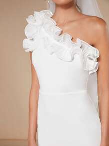 SHEIN Belle One Shoulder Ruffle Trim Bodycon Dress - White - View 6