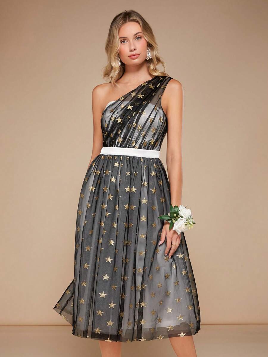 SHEIN Belle 1入組單肩金色星星印花網紗覆蓋連衣裙 - 彩色 - 查看 1