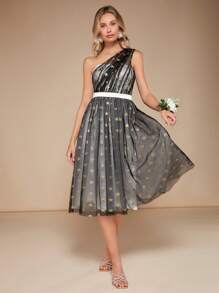 SHEIN Belle 1入組單肩金色星星印花網紗覆蓋連衣裙 - 彩色 - 查看 3