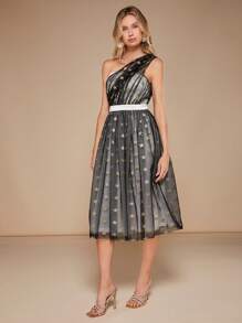 SHEIN Belle 1入組單肩金色星星印花網紗覆蓋連衣裙 - 彩色 - 查看 5