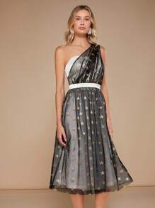 SHEIN Belle 1入組單肩金色星星印花網紗覆蓋連衣裙 - 彩色 - 查看 6