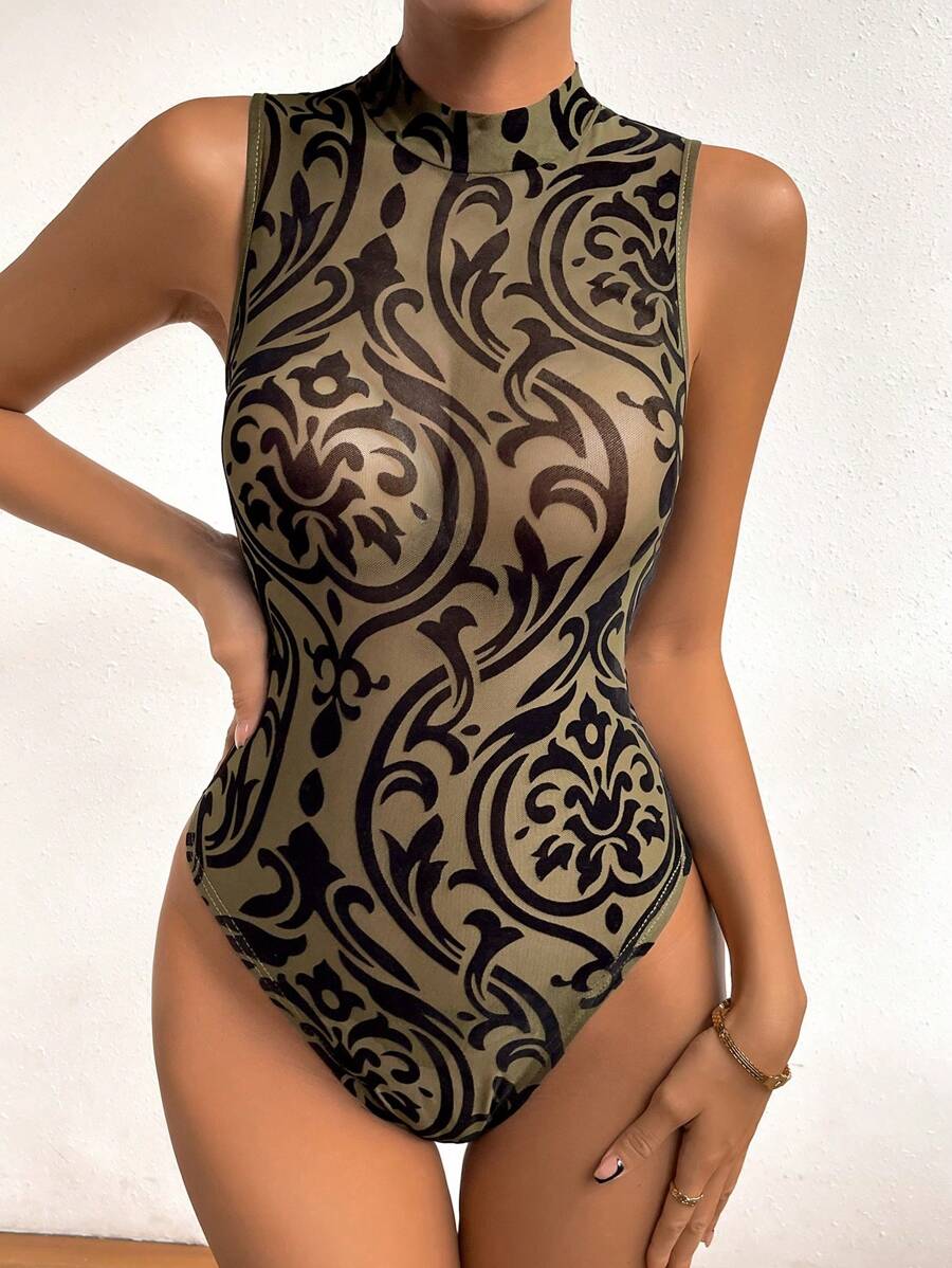 SHEIN Privé Áo liền quần ôm nữ Baroque Gợi cảm - màu xanh lá - Xem 1