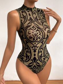 SHEIN Privé Áo liền quần ôm nữ Baroque Gợi cảm - màu xanh lá - Xem 3