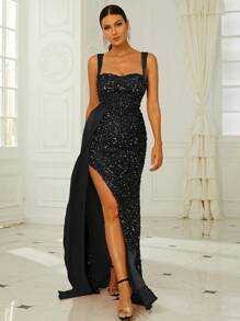 Missord Abendkleid mit Schlitz und Pailletten, elegant, schwarz, für Abschlussball, Dinner, Hochzeitsgast - Schwarz - Übersicht 1