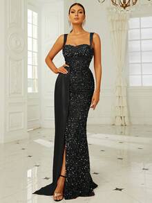 Missord Abendkleid mit Schlitz und Pailletten, elegant, schwarz, für Abschlussball, Dinner, Hochzeitsgast - Schwarz - Übersicht 4