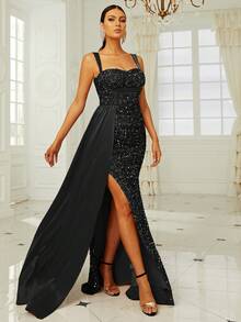 Missord Abendkleid mit Schlitz und Pailletten, elegant, schwarz, für Abschlussball, Dinner, Hochzeitsgast - Schwarz - Übersicht 5