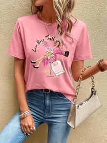 SHEIN Essnce 人物和字母圖案T恤 - 藕粉色 - 查看 3