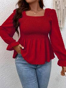 Franclia Blusa con volante en el cuello cuadrado y mangas abullonadas con peplum para ropa de Año Nuevo, top con peplum