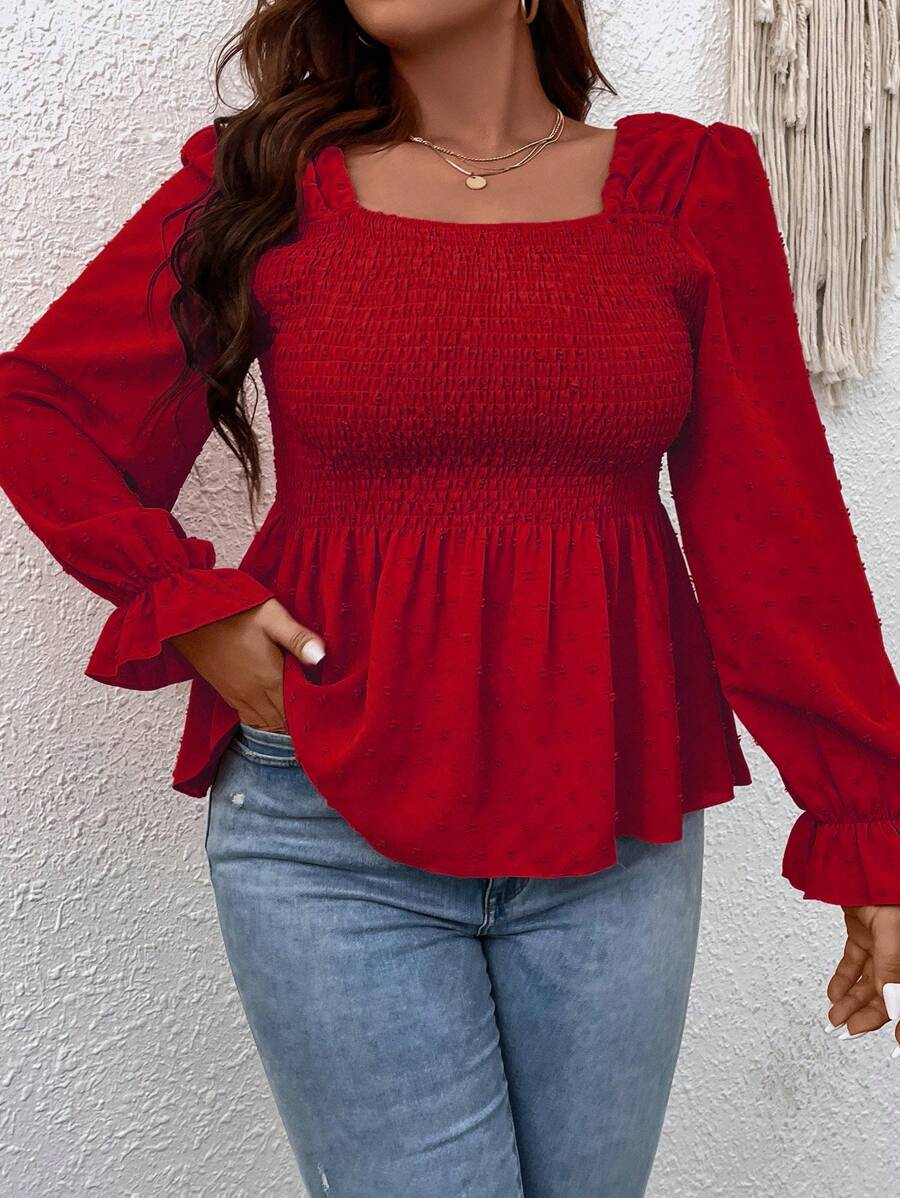 EMERY ROSE Plus Square Neck Flounce Sleeve Peplum Blouse For New Year Clothes Peplum Top - Red - View 1