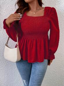 Franclia Blusa con volante en el cuello cuadrado y mangas abullonadas con peplum para ropa de Año Nuevo, top con peplum