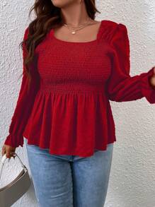 Franclia Blusa con volante en el cuello cuadrado y mangas abullonadas con peplum para ropa de Año Nuevo, top con peplum