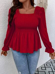 Franclia Blusa con volante en el cuello cuadrado y mangas abullonadas con peplum para ropa de Año Nuevo, top con peplum
