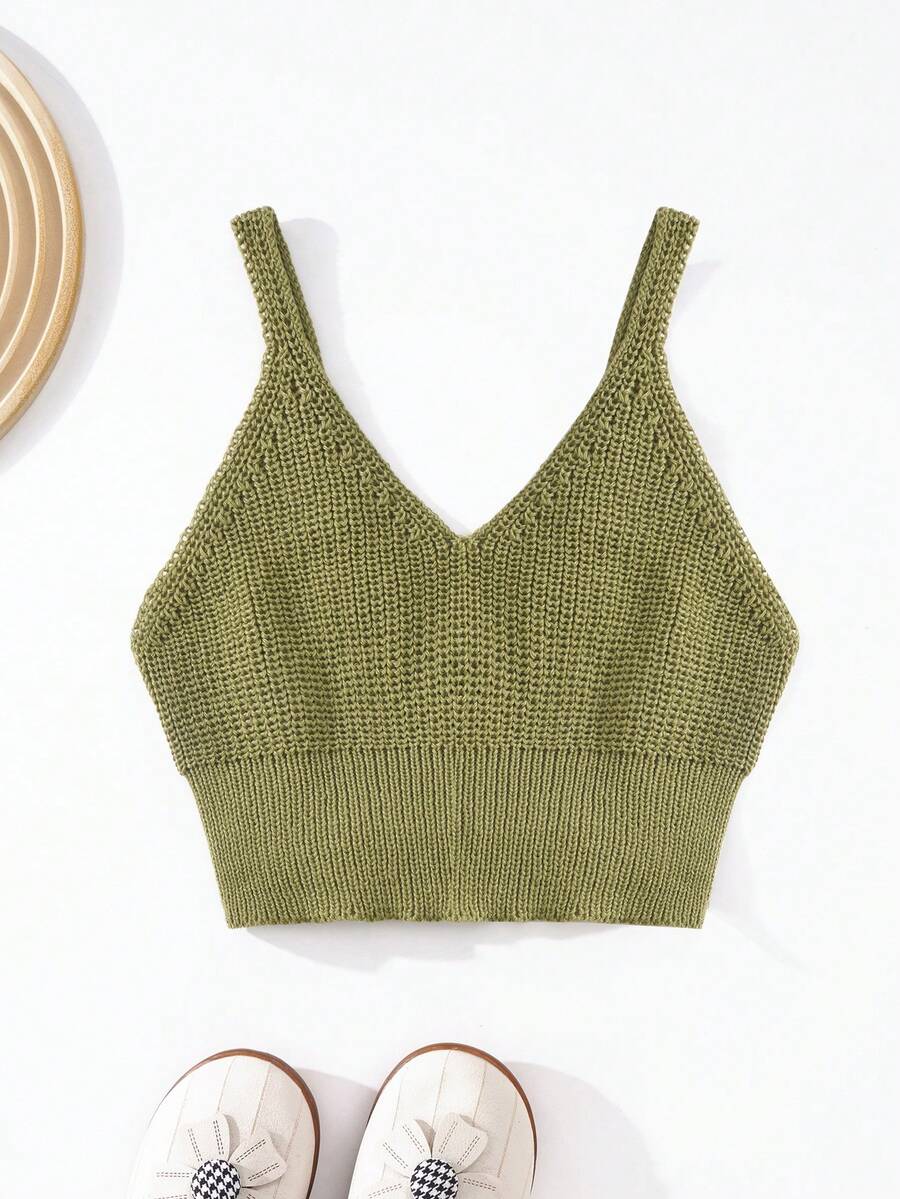 Top de punto corto de color sólido para niñas - Verde - Ver 1