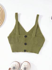 Top de punto corto de color sólido para niñas - Verde - Ver 2