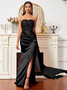 Missord Contrast Sequin Draped Side Tube Formal Dress - Black - View 7