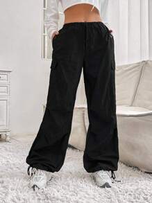 SHEIN EZwear Flap Pocket Side Drawstring Hem Cargo Trousers - Black - View 3