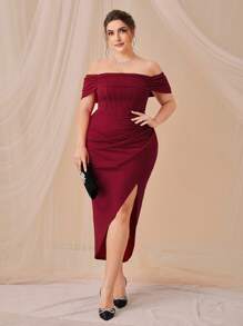 SHEIN Belle Burgundy Red Plus Off Shoulder Ruched Split Thigh Bridesmaid Dress - Burgundy - View 2
