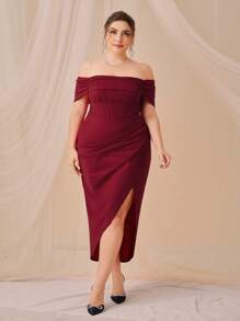 SHEIN Belle Burgundy Red Plus Off Shoulder Ruched Split Thigh Bridesmaid Dress - Burgundy - View 3