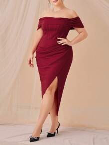 SHEIN Belle Burgundy Red Plus Off Shoulder Ruched Split Thigh Bridesmaid Dress - Burgundy - View 1