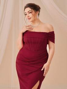 SHEIN Belle Burgundy Red Plus Off Shoulder Ruched Split Thigh Bridesmaid Dress - Burgundy - View 6
