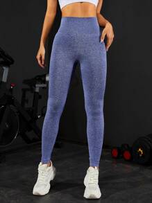 Easithlete Yoga Leggings Marled Knit Seamless Hip-hugging Tummy Control Training Leggings - Blue - View 3