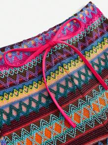 SHEIN VCAY 幾何印花腰部抽繩短褲 - 玫紅色 - 查看 3