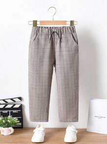 SHEIN 小男童格紋印花斜口袋長褲