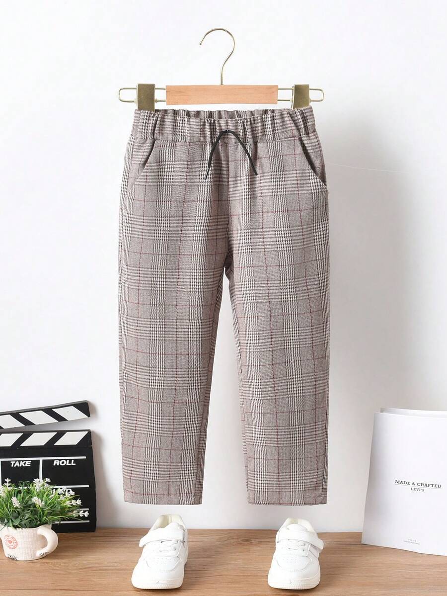 SHEIN 小男童格紋印花斜口袋長褲